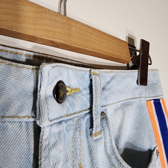 SHOP ★ ART Blue Denim pants side seam stripes 100% cotton jeans - Picture 8 of 15